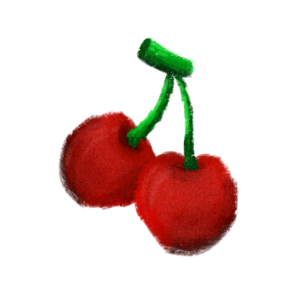  two plump round red cherries on a green stem, stylized from the game animal crossing